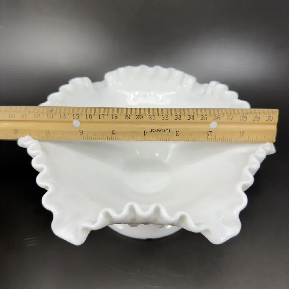 Fenton‎ Hobnail Milk Glass Ruffled Edge Footed Dish Bowl Container White Vintage